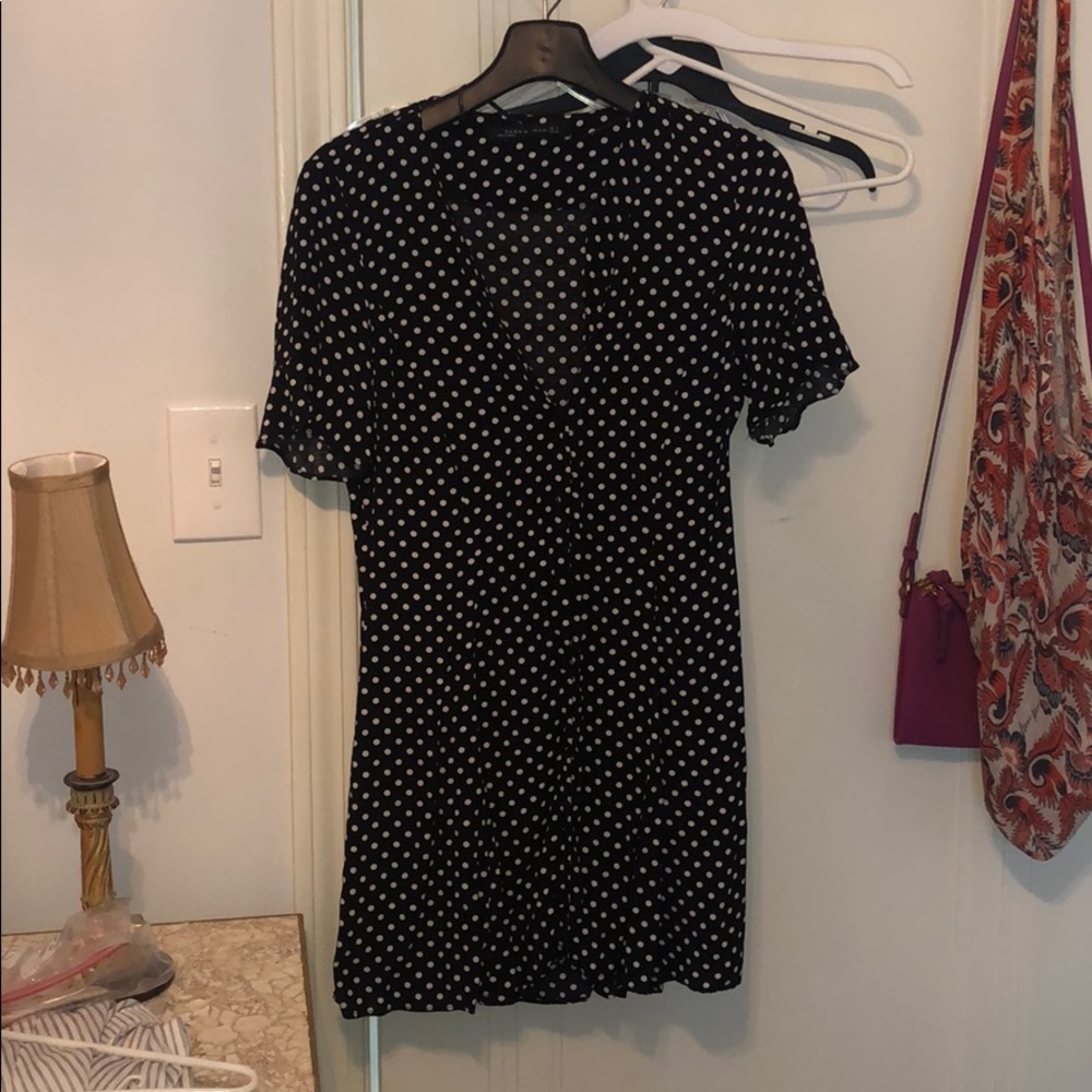 Polka dot, v-neck, button up Zara shift dress